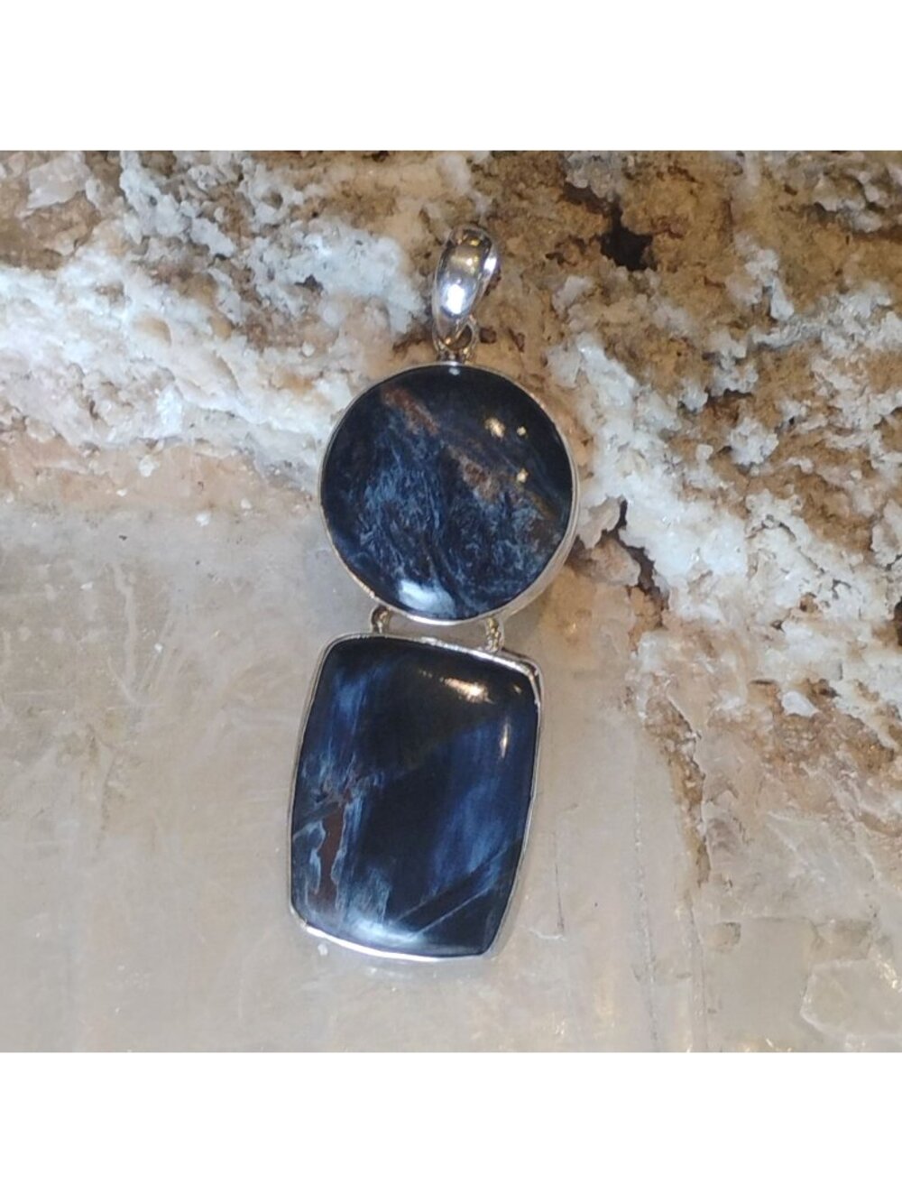 High Grade Namibia Pietersite Pendant in 925 Sterling Silver Double Stone Oblong